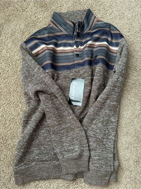 Hooey Brown Marled Zip-Neck Sweater with Navy Striped Yoke